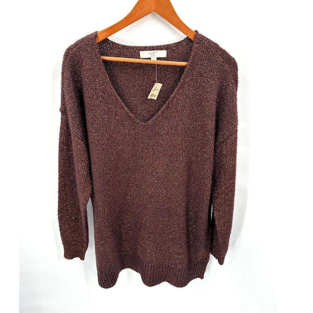 LOFT Plus NWT Brown Shimmer V Neck Sweater // 14